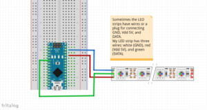 This fritzing file shows a schematic of how to wire an Arduino Nano to the LED pixel strip.
