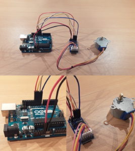 Pin layout that shows how to connect a 28BYJ-48 stepper motor to a ULN2003A driver board and an Arduino Uno.