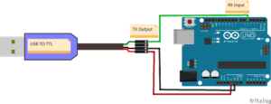Fritzing file that shows how to connect a USB-to-TTL serial adapter to an Arduino Uno.