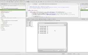 Shows the result of a serial connection between a Java application (Eclipse IDE) and an Arduino Uno (Arduino IDE / serial monitor).