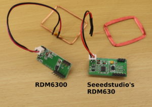 On the left hand side is the RM6300, which is a very affordable (1-3$) RFID reader. On the right hand side, is the RDM630. The RDM630 is more expensive (10-15$) but also more robust.
