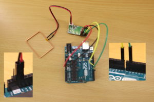 Wiring between an Arduino Uno and a RDM6300. The same wiring can be applied to an RDM630.